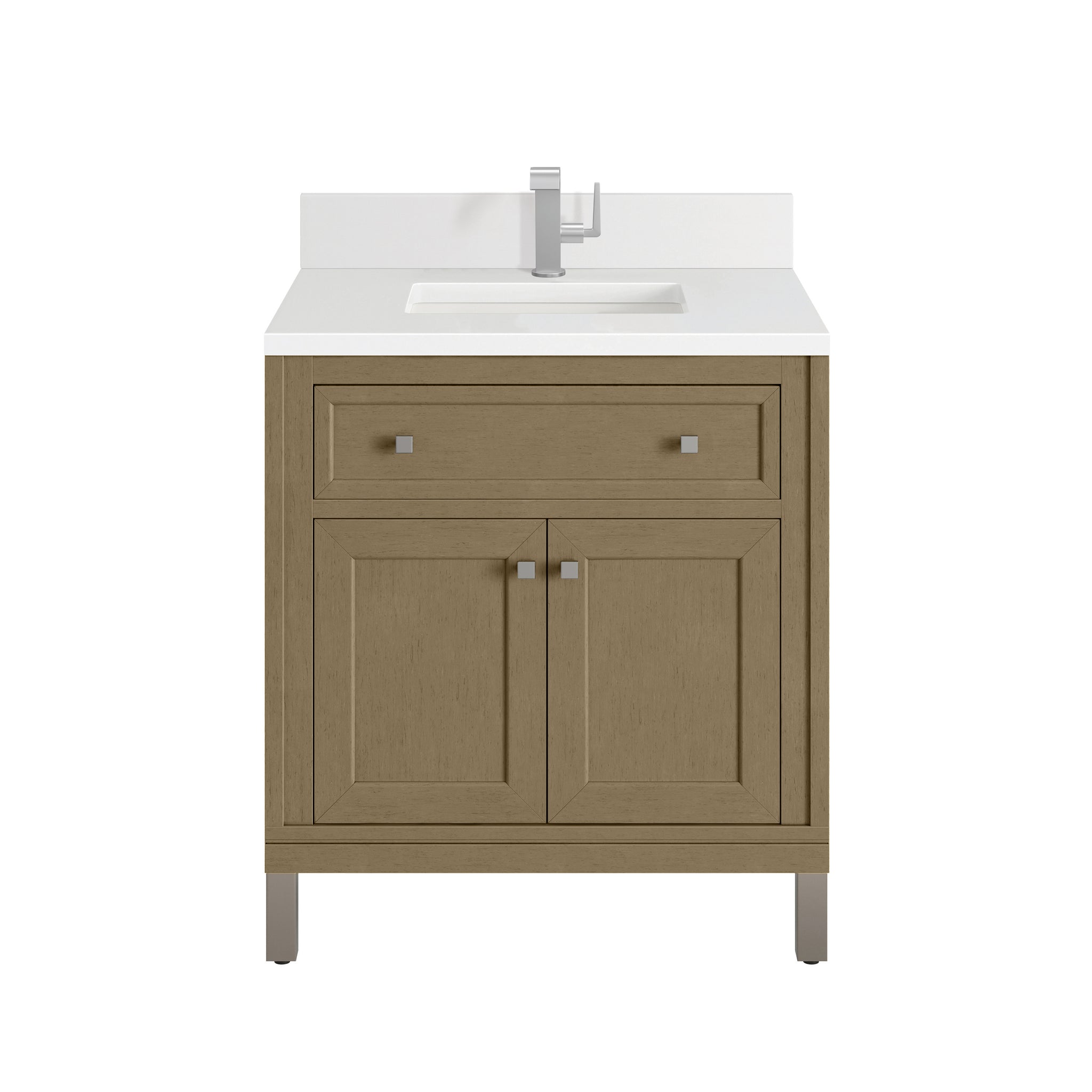 James Martin Chicago 30" Single Bathroom Vanity, Walnut Whisper with White Zeus (Single Hole, with Backsplash) countertop