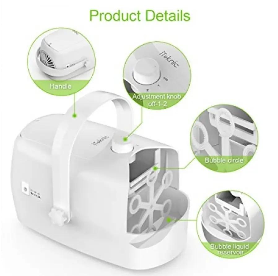 Open Box iTeknic Bubble Machine, Automatic Bubble Blower, Portable Auto Bubble Maker with High Output for Outdoor/Indoor Use,Powered by Plug-in or Bat by Selzalot