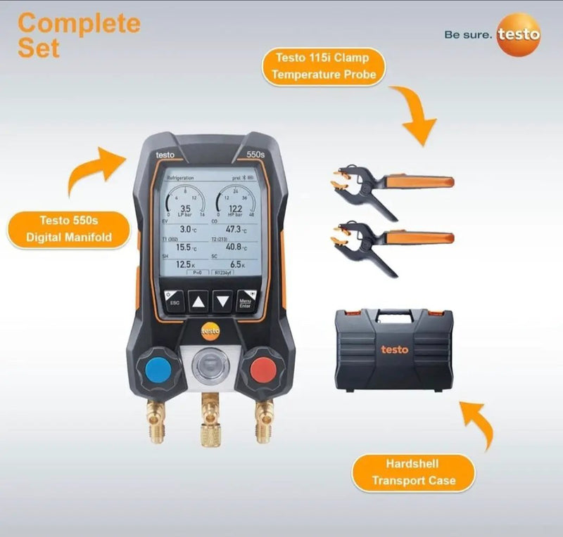 Open Box testo 550s AC Manifold Gauge Set - Manifold Gauges Hvac and Refrigeration - Incl. 2 Wired Temperature Clamp Probes - AC Recharge Kit with sup by Selzalot