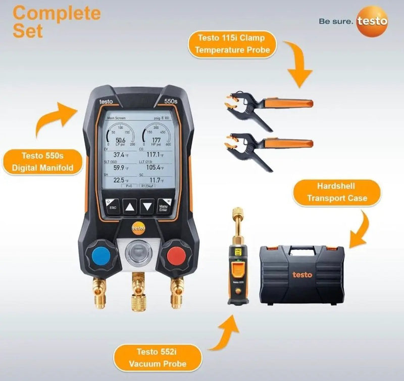 Open Box testo 550s AC Manifold Gauge Set - Manifold Gauges Hvac and Refrigeration - Incl. 2x testo 115i Pipe Clamp Thermometer, 1x testo 552i Micron by Selzalot
