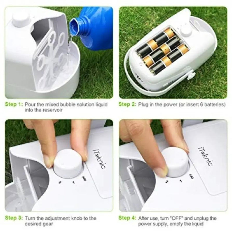 Open Box iTeknic Bubble Machine, Automatic Bubble Blower, Portable Auto Bubble Maker with High Output for Outdoor/Indoor Use,Powered by Plug-in or Bat by Selzalot