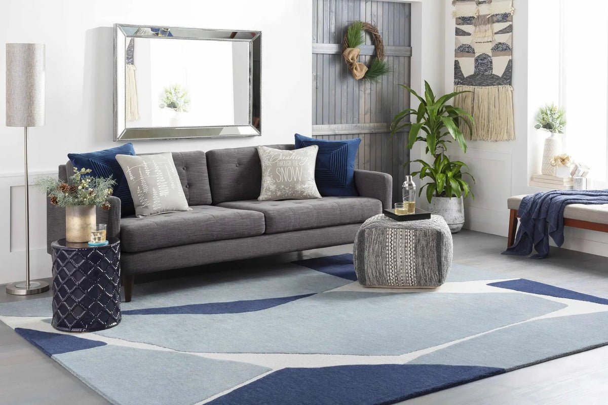 Robbins Modern Blue Wool Rug, installed in a room