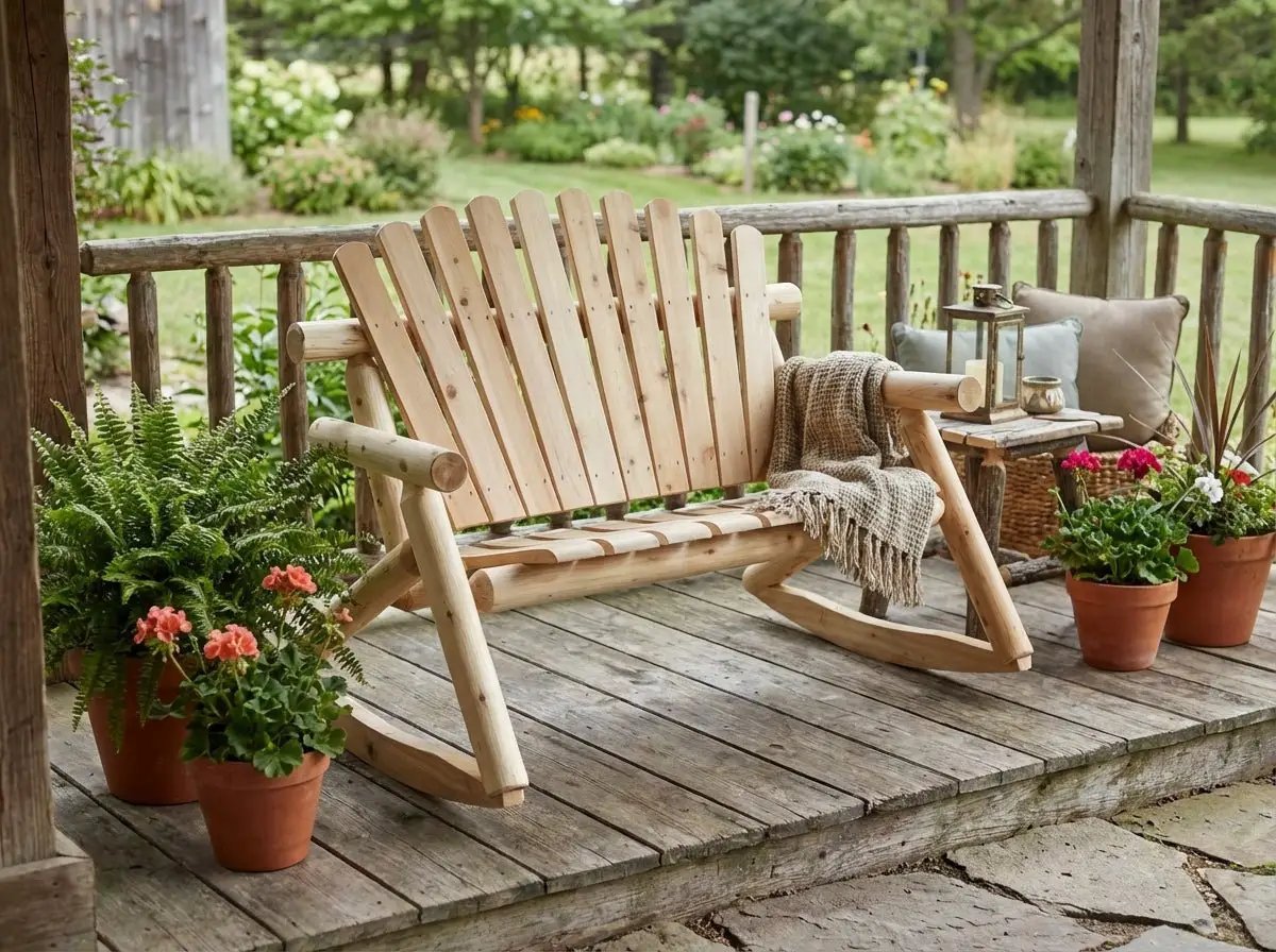 Rocking Outdoor Wooden Bench by Cedar Creek Rustic Furniture