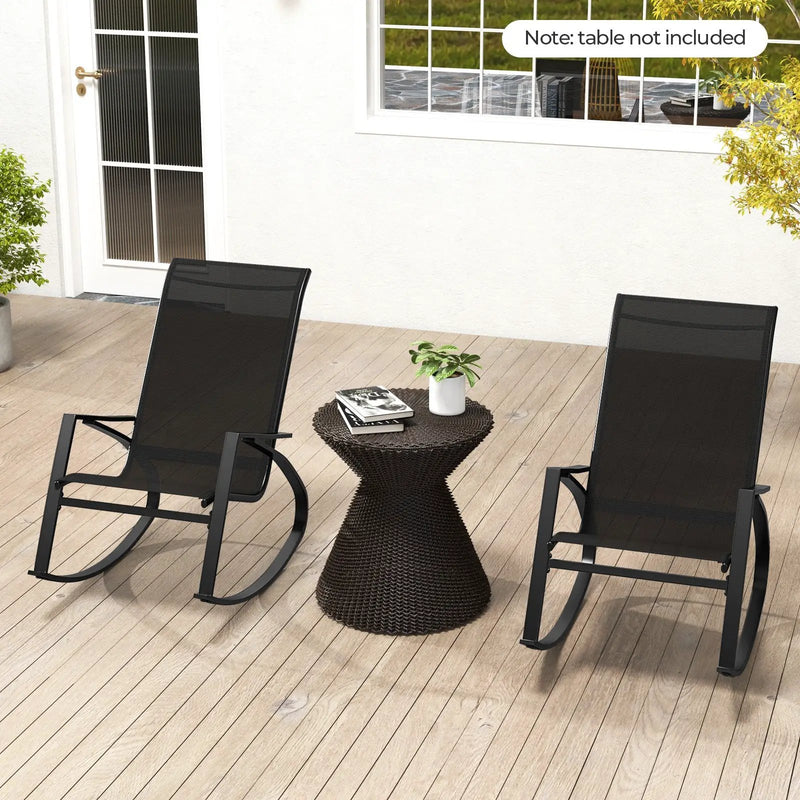 2 Pieces Patio Rocking Chairs Outdoor Sling Fabric Rockers with Ergonomic Backrest and Seat-Black by DirectDeals