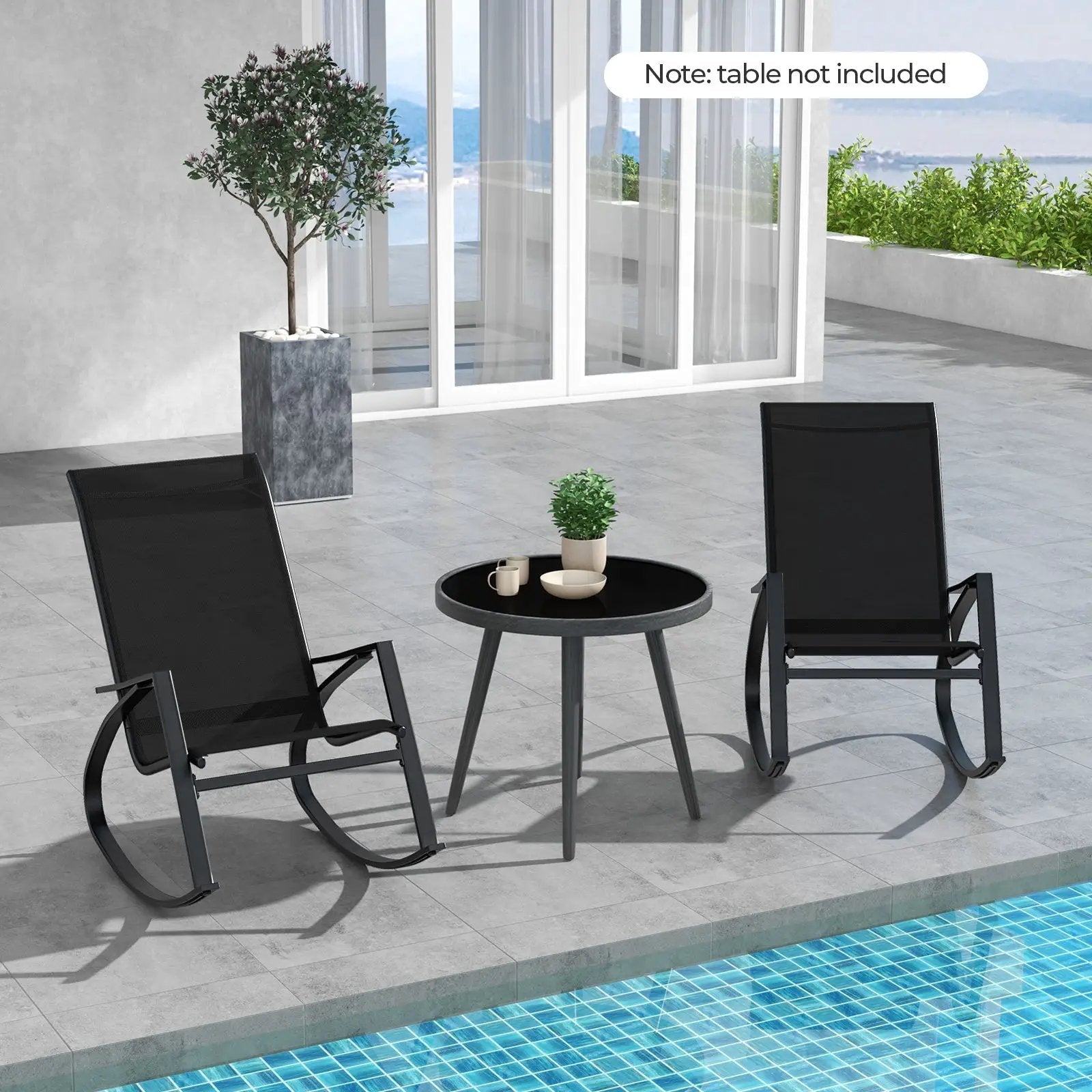 2 Pieces Patio Rocking Chairs Outdoor Sling Fabric Rockers with Ergonomic Backrest and Seat-Black by DirectDeals