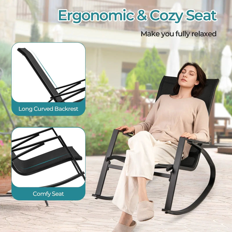 2 Pieces Patio Rocking Chairs Outdoor Sling Fabric Rockers with Ergonomic Backrest and Seat-Black by DirectDeals