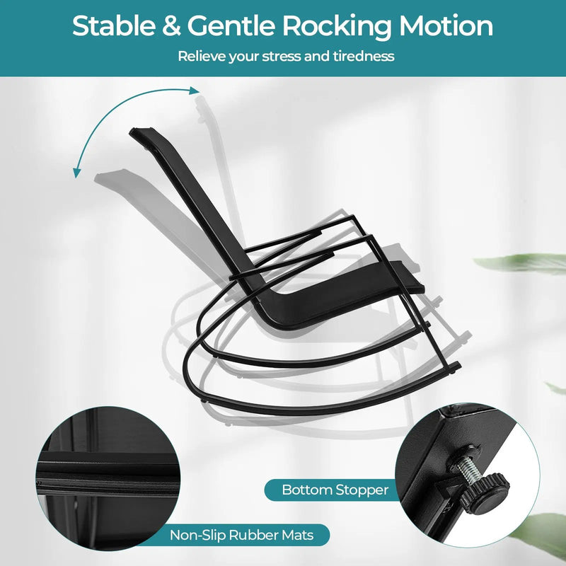 2 Pieces Patio Rocking Chairs Outdoor Sling Fabric Rockers with Ergonomic Backrest and Seat-Black by DirectDeals