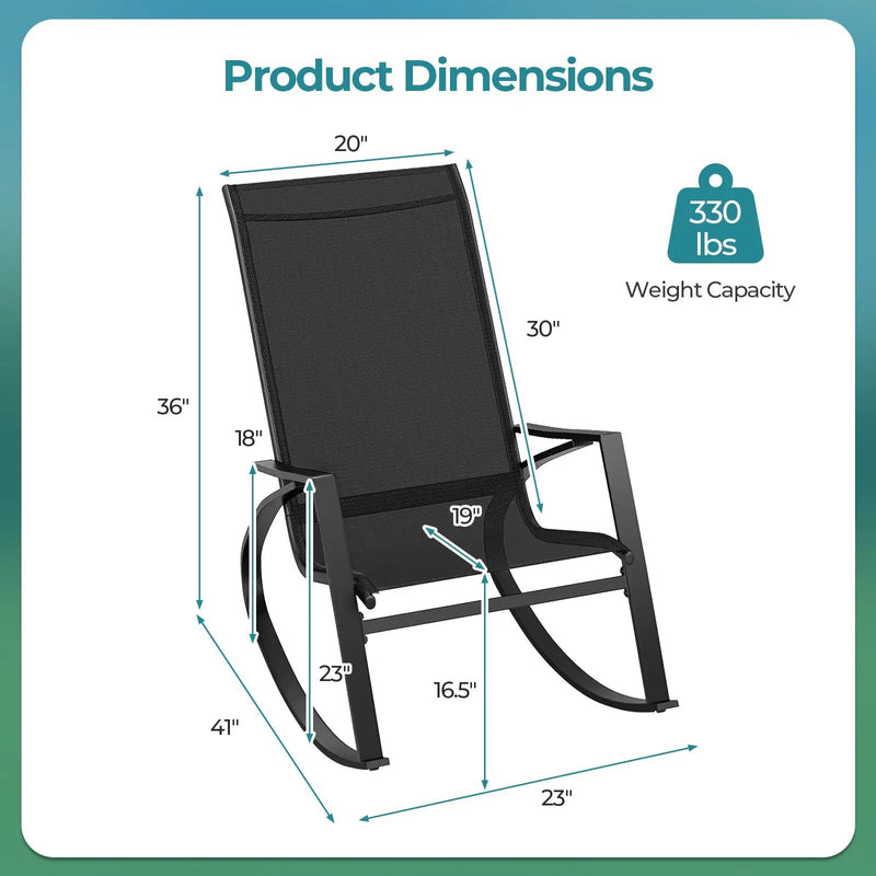 2 Pieces Patio Rocking Chairs Outdoor Sling Fabric Rockers with Ergonomic Backrest and Seat-Black by DirectDeals