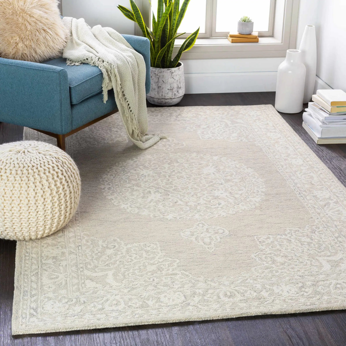 Roessleville Cream Wool Area Rug, installed in a room 2