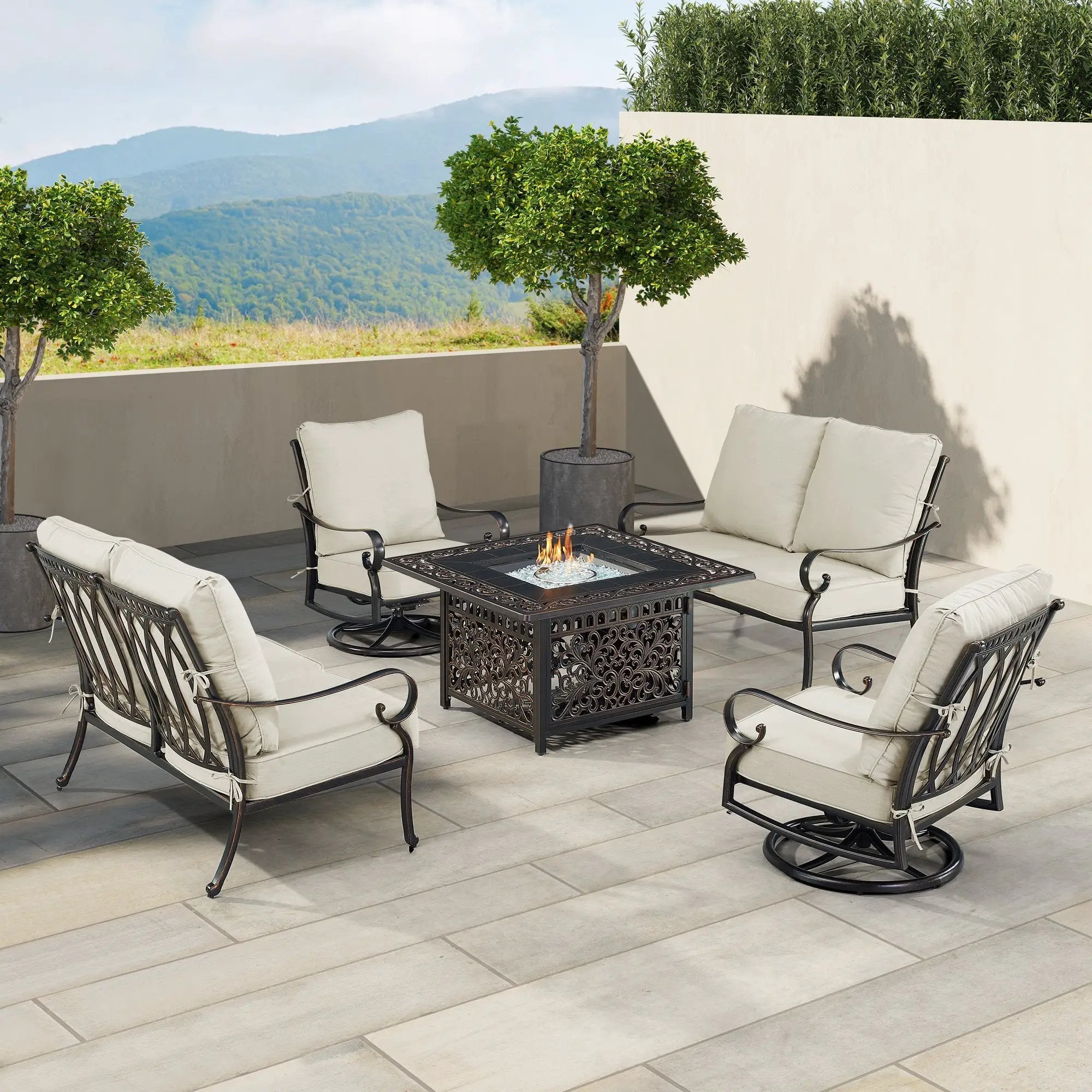 Black Aluminum Fire Table Set with Two Loveseats and Two Club Chairs by Sharicks