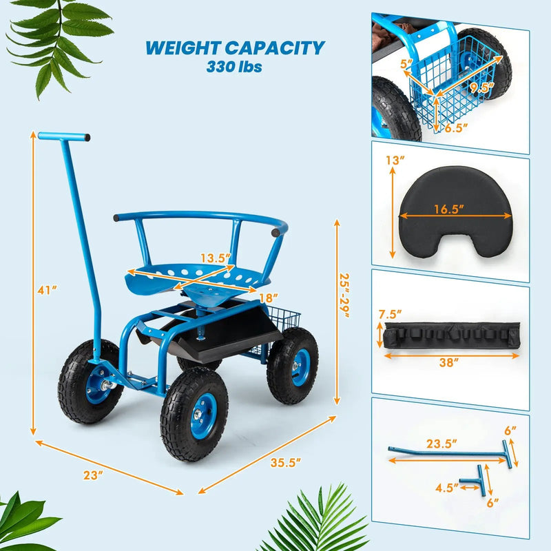 Rolling Garden Cart with Height Adjustable Swivel Seat and Storage Basket by DirectDeals