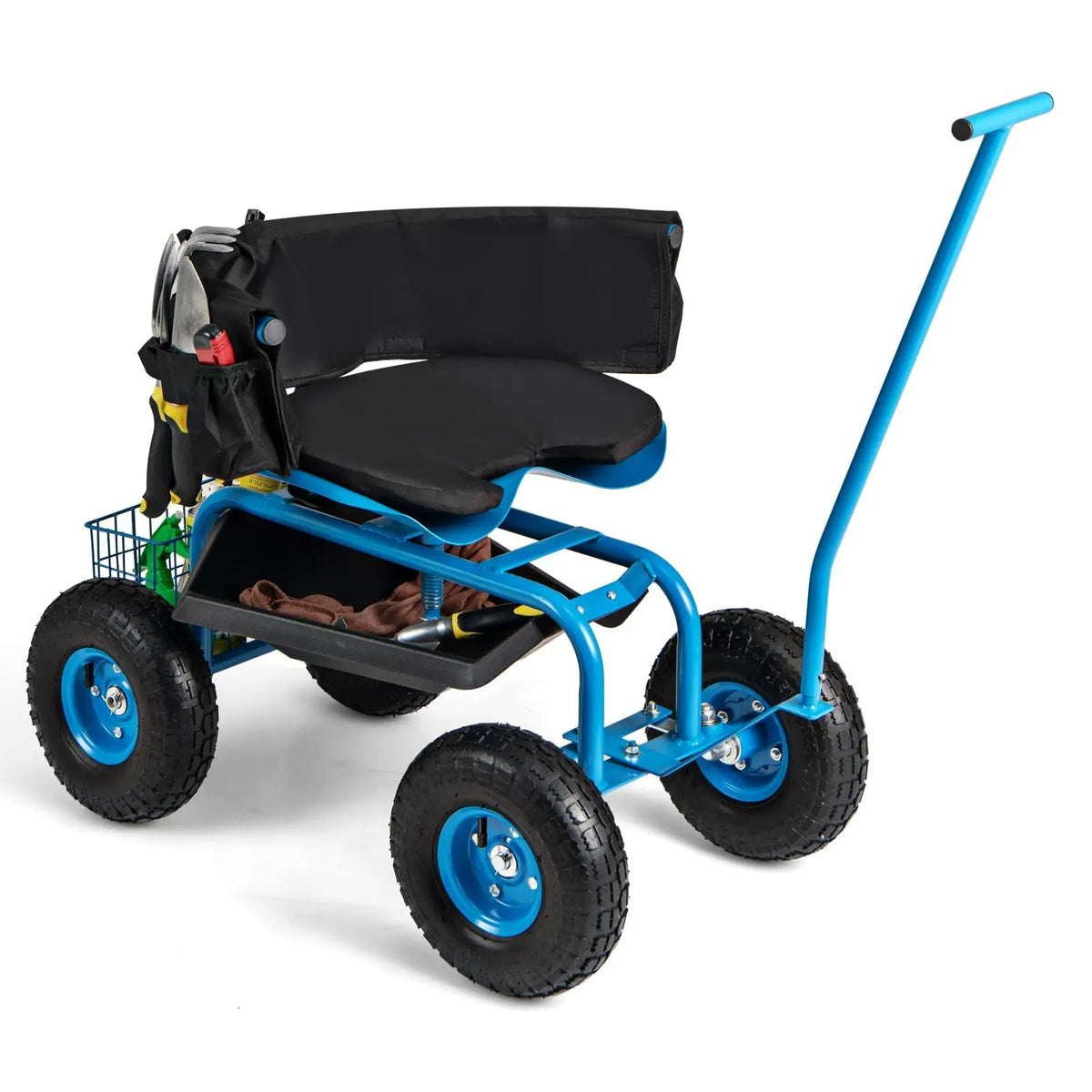 Rolling Garden Cart with Height Adjustable Swivel Seat and Storage Basket, photo 4 of 10