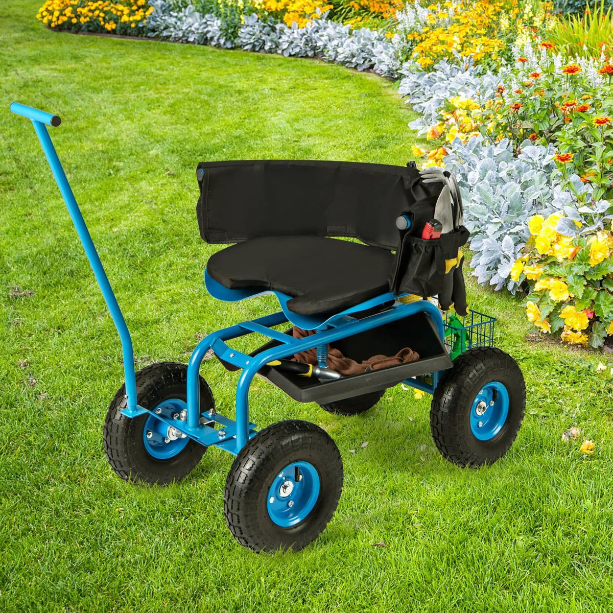 Rolling Garden Cart with Height Adjustable Swivel Seat and Storage Basket, photo 2 of 10