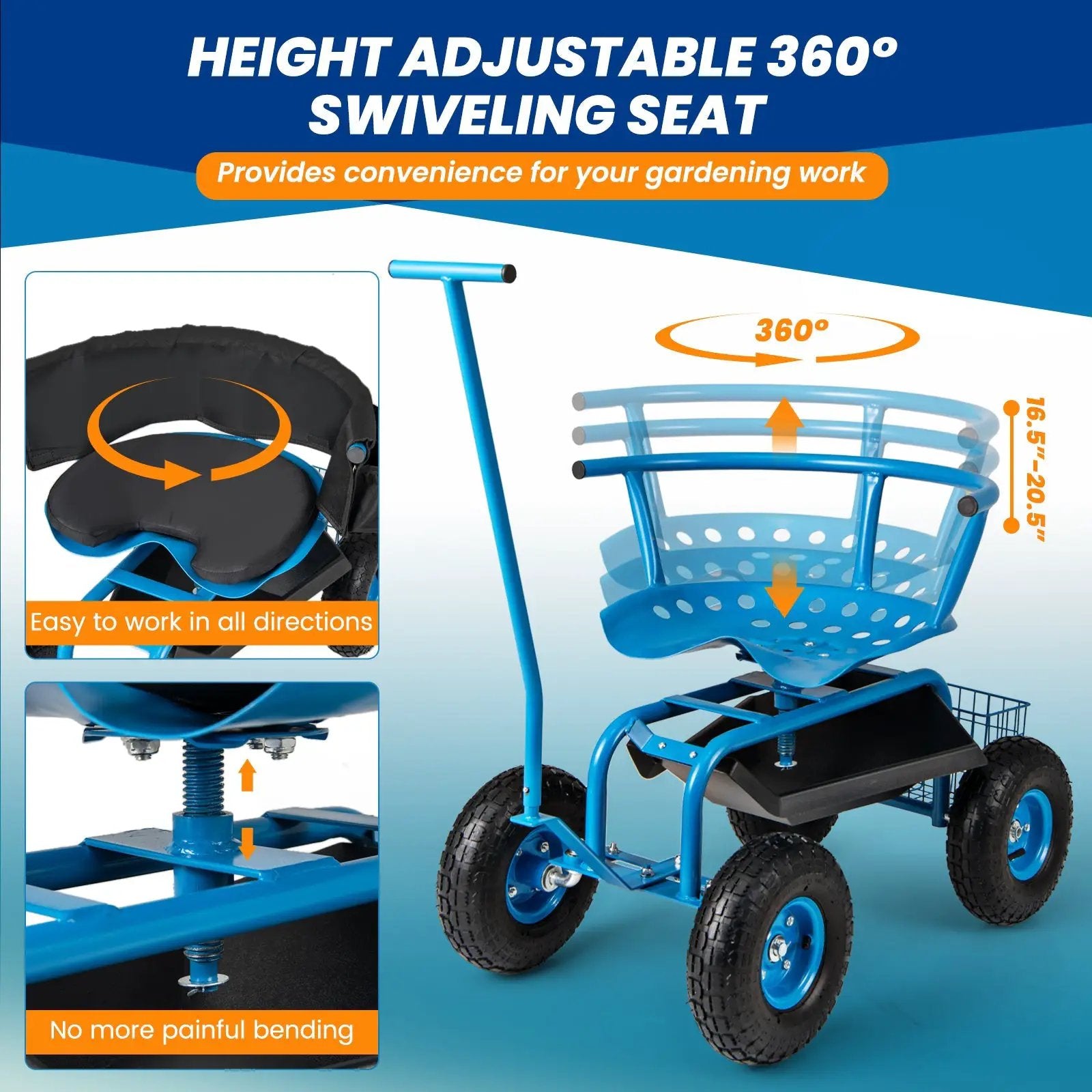 Rolling Garden Cart with Height Adjustable Swivel Seat and Storage Basket by DirectDeals