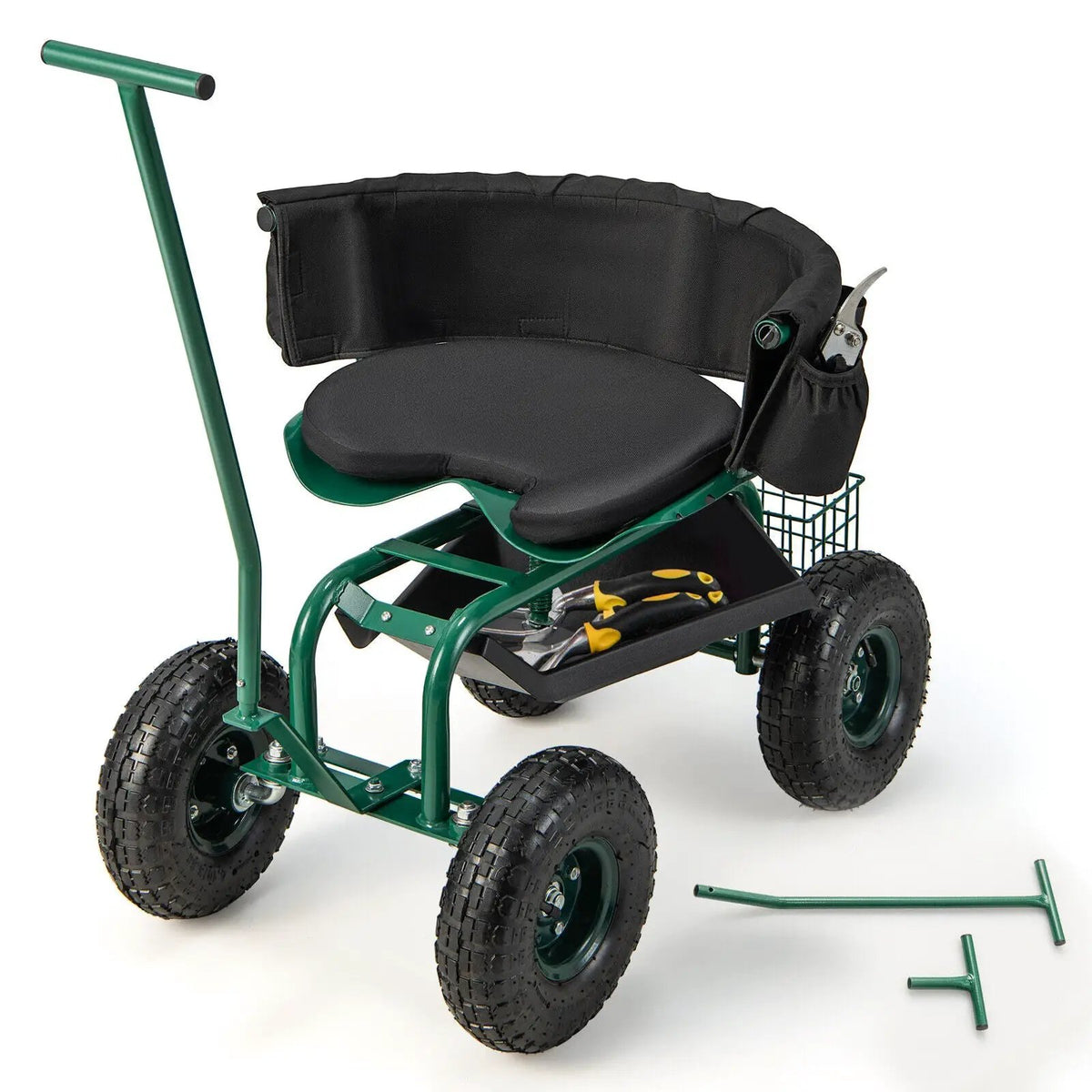 Rolling Garden Cart with Height Adjustable Swivel Seat and Storage Basket, photo 9 of 10