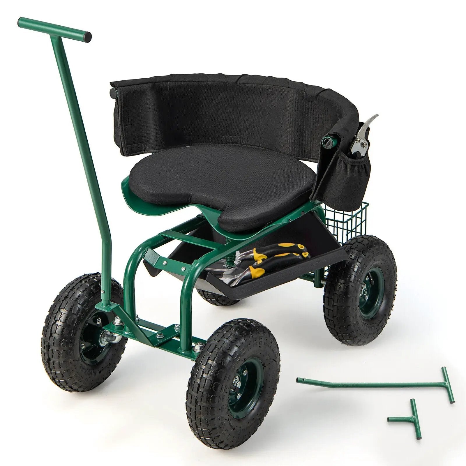 Rolling Garden Cart with Height Adjustable Swivel Seat and Storage Basket by DirectDeals
