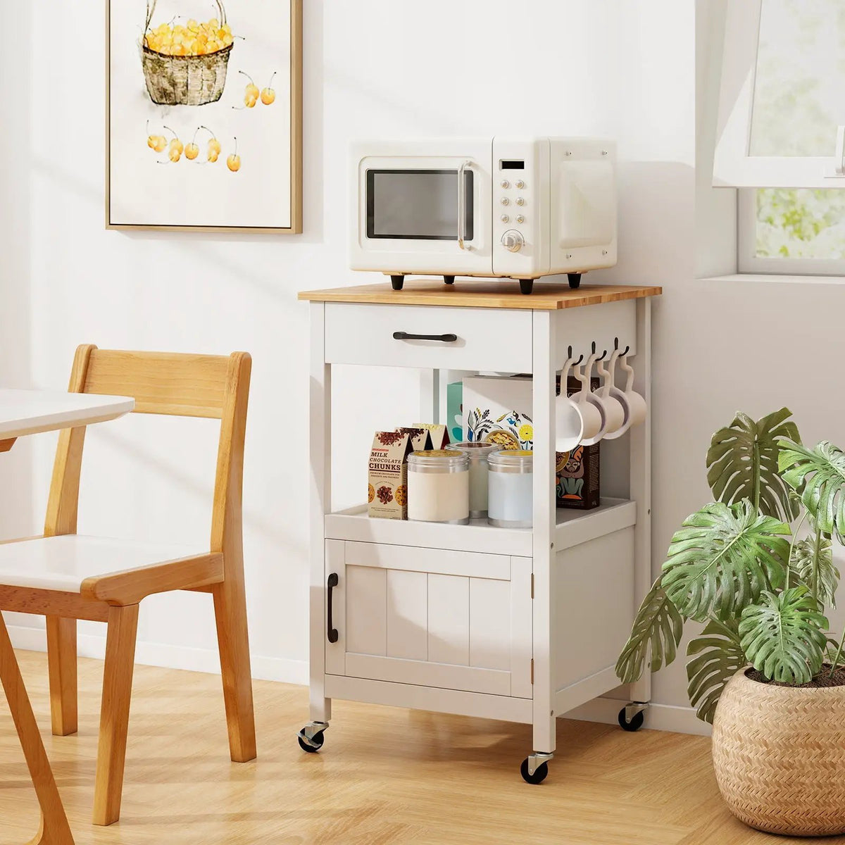 Rolling Kitchen Island Cart with Drawer and Side Hooks