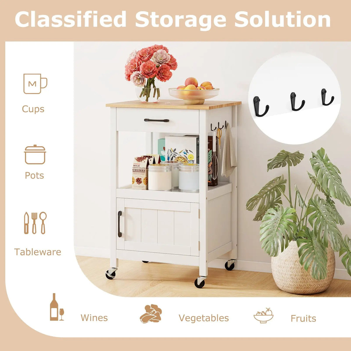 Rolling Kitchen Island Cart with Drawer and Side Hooks, photo 13 of 16