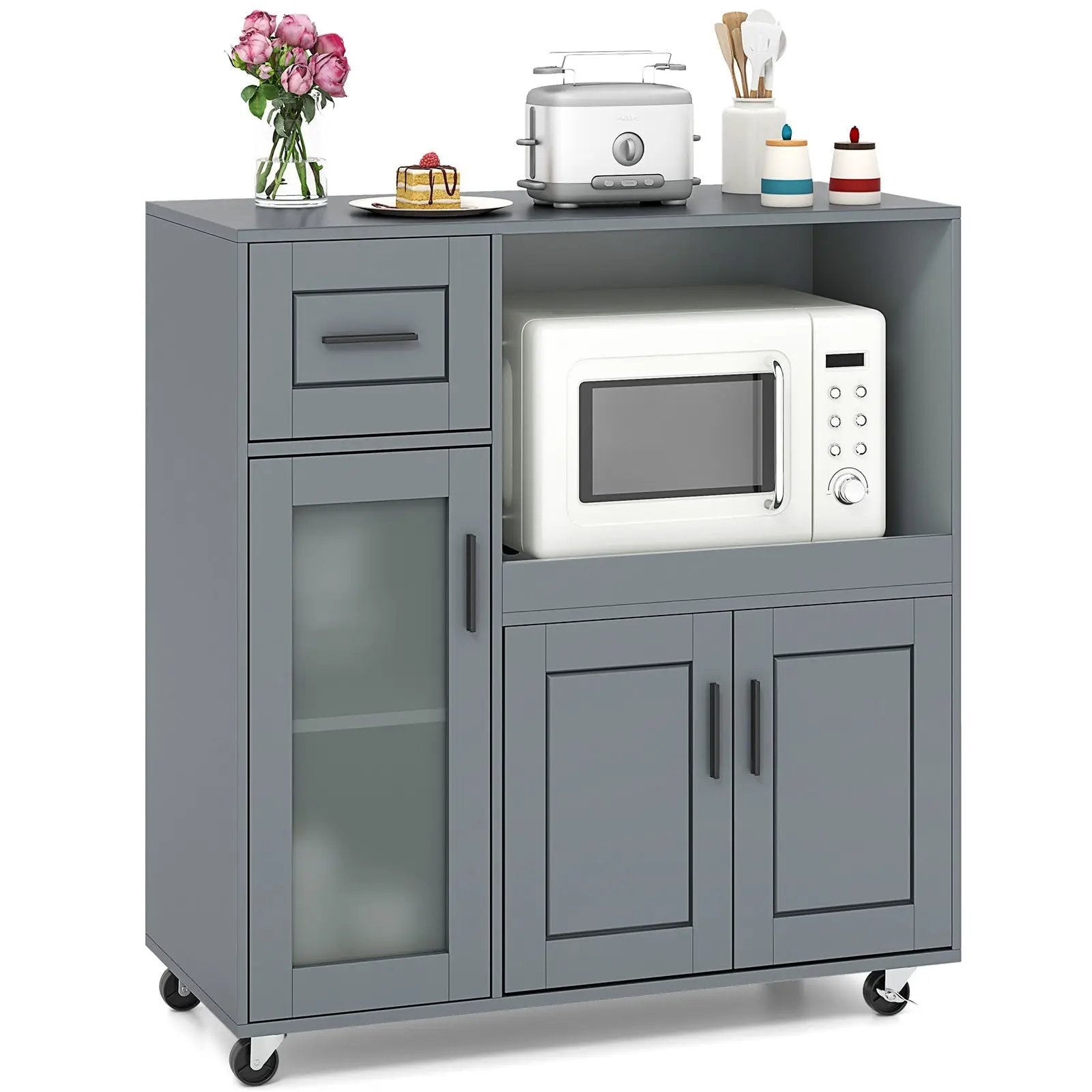 Rolling Kitchen Island with Wheels Drawer and Glass Door Cabinet-Gray by DirectDeals
