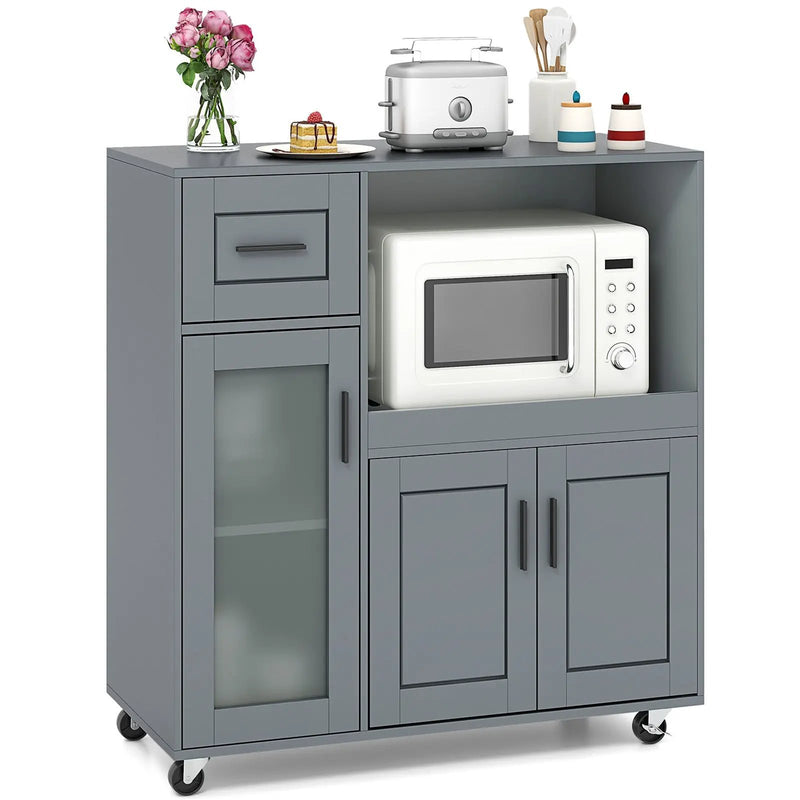 Rolling Kitchen Island with Wheels Drawer and Glass Door Cabinet-Gray by DirectDeals