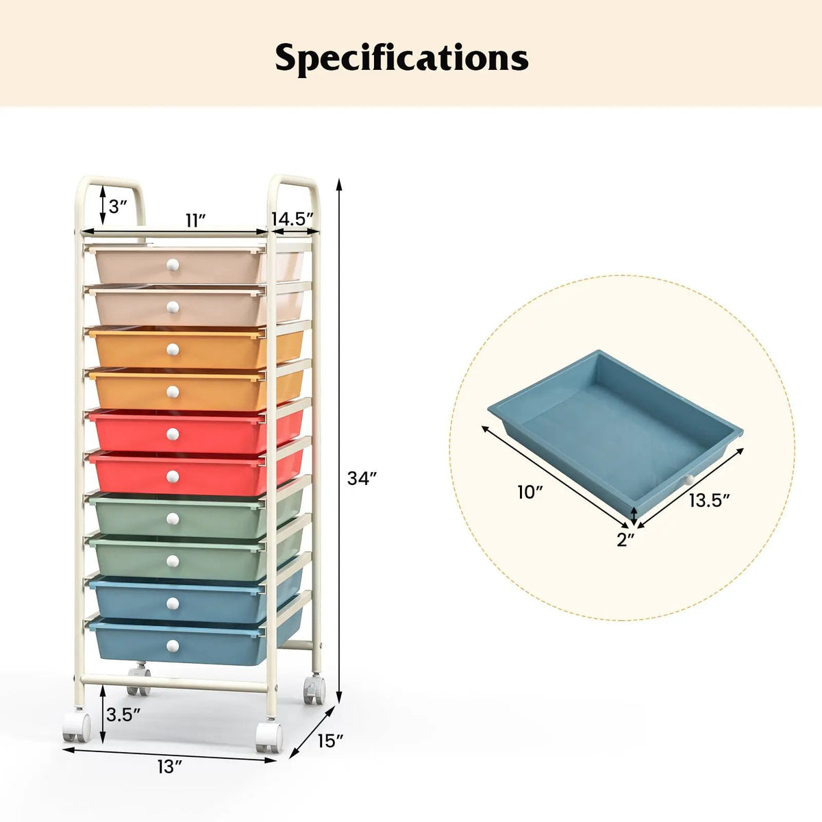 10 Drawer Rolling Storage Cart Organizer with 4 Universal Casters, photo 5 of 20