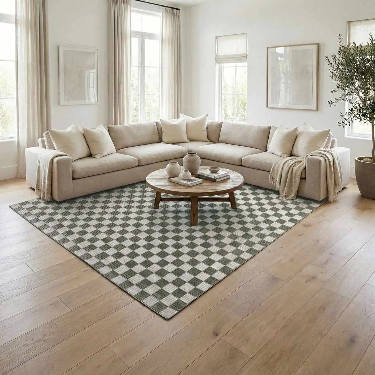 Kaysar Olive Green Checkered Washable Area Rug by Boutique Rugs