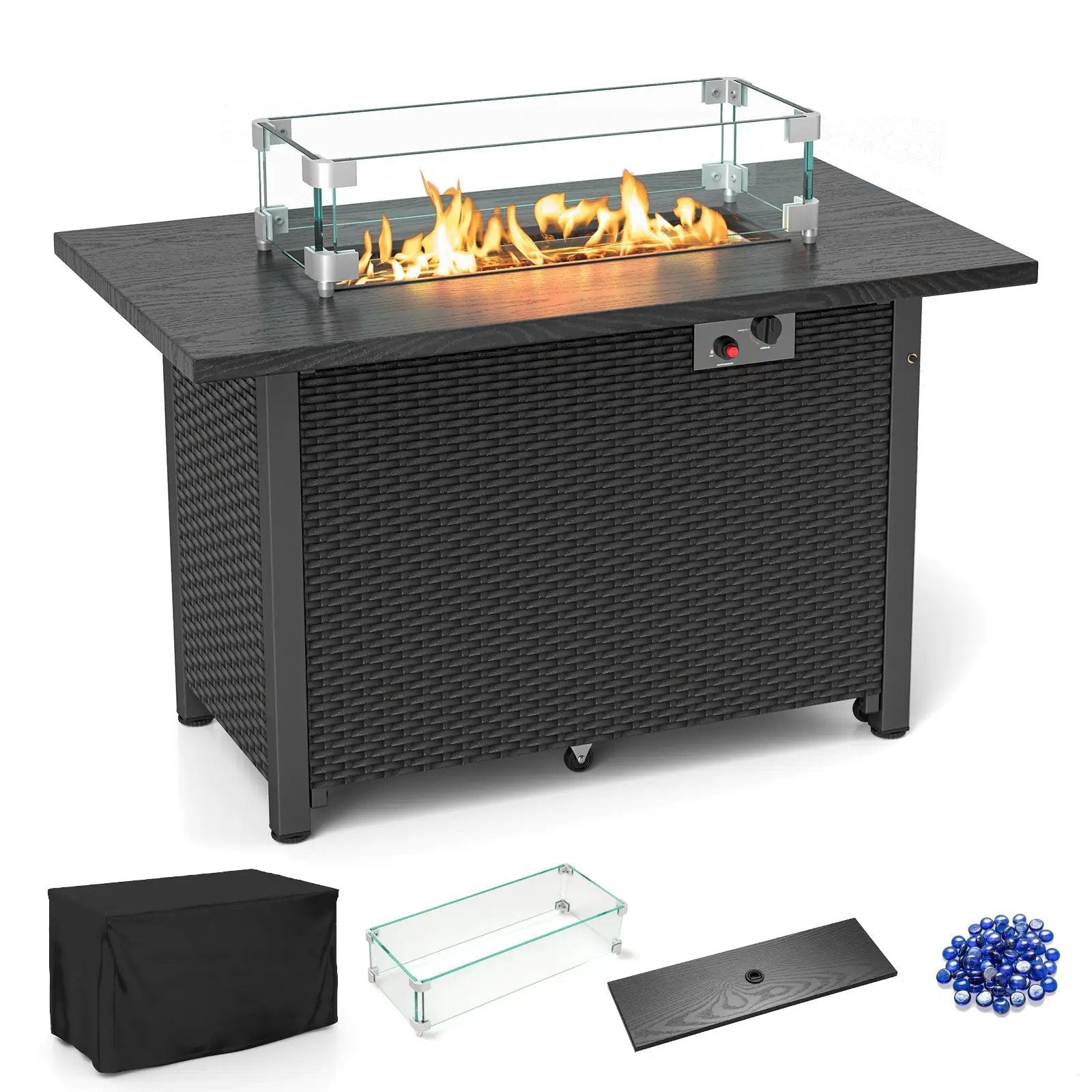 50000 BTU 2 Inch ropane Gas Fire Pit Table with Wind Guard and Glass Rocks by DirectDeals