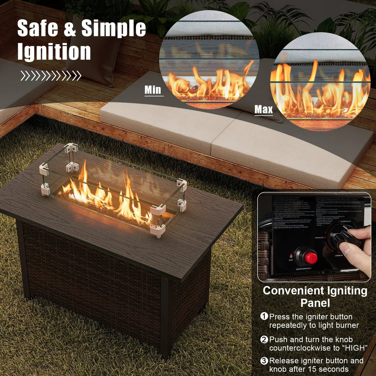 50000 BTU 2 Inch ropane Gas Fire Pit Table with Wind Guard and Glass Rocks, photo 5 of 9