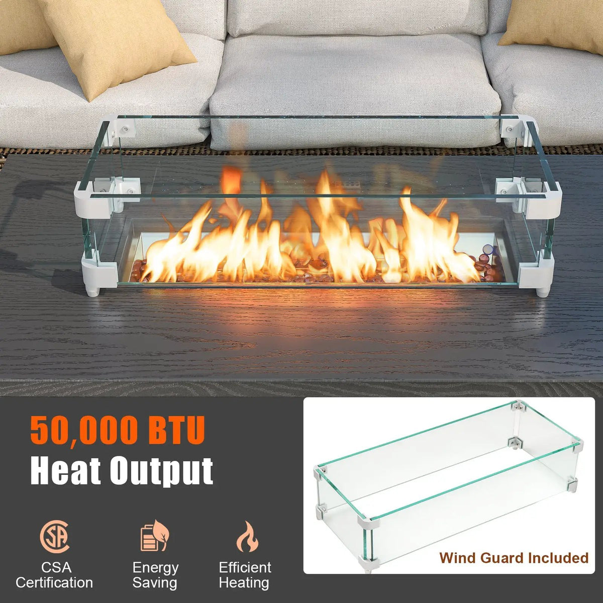 50000 BTU 2 Inch ropane Gas Fire Pit Table with Wind Guard and Glass Rocks, photo 6 of 9
