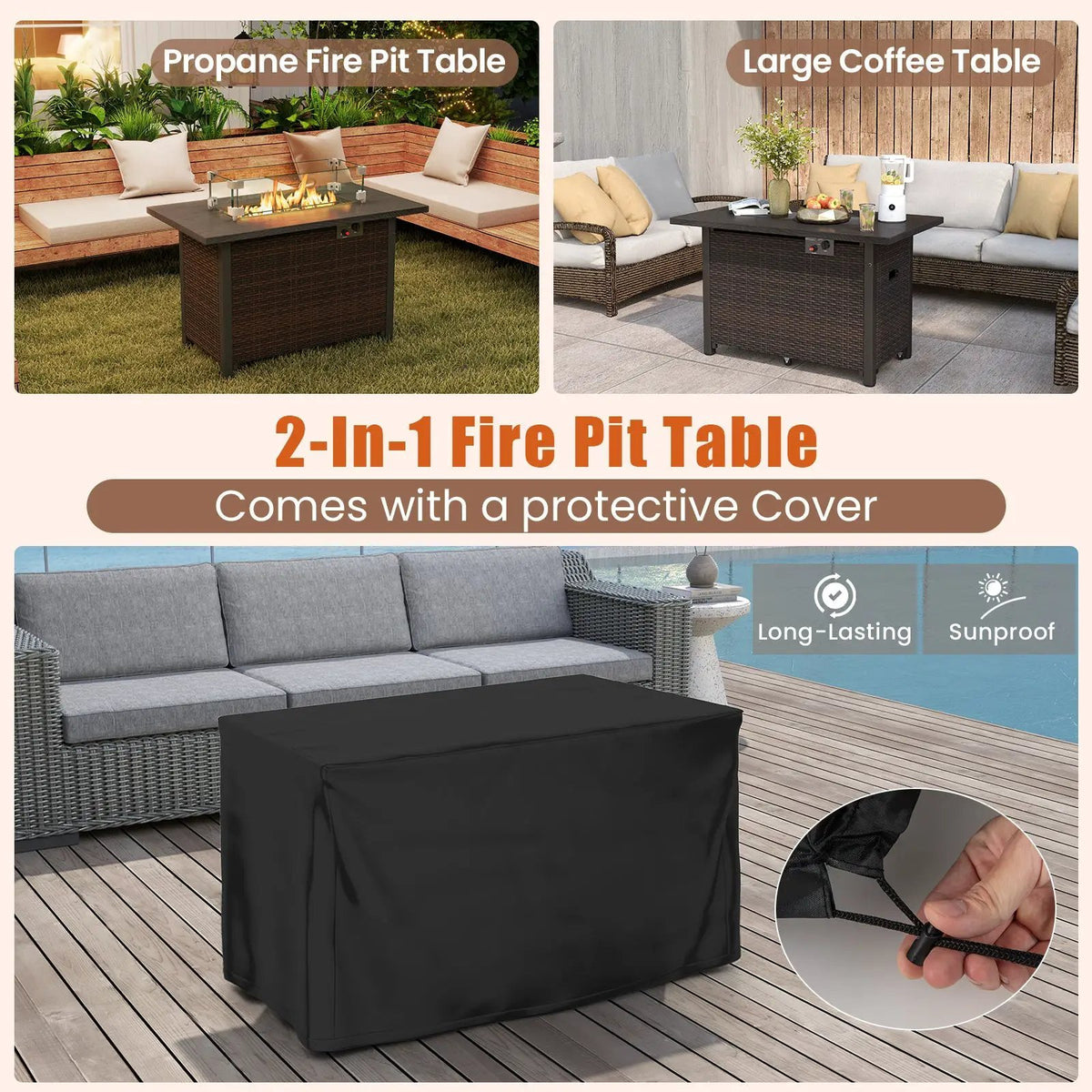50000 BTU 2 Inch ropane Gas Fire Pit Table with Wind Guard and Glass Rocks, photo 7 of 9