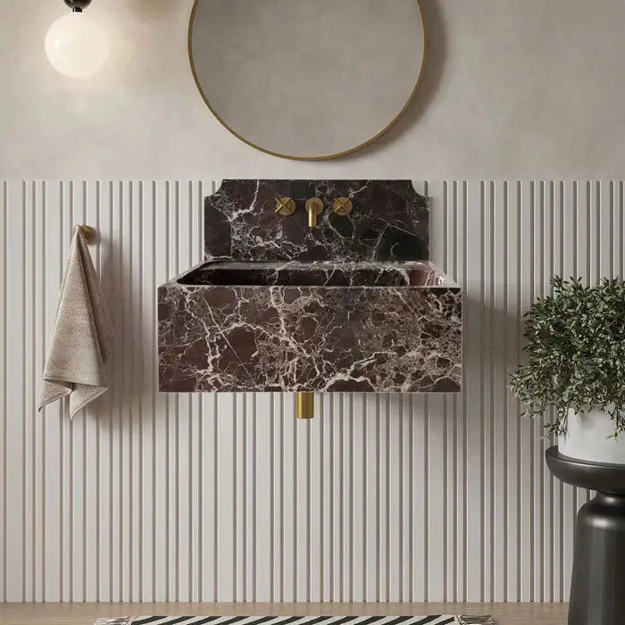 Rosso Levanto Deep Burgundy Marble Wall-Mount Bathroom Sink 30x16 With Backsplash by GobekDesign