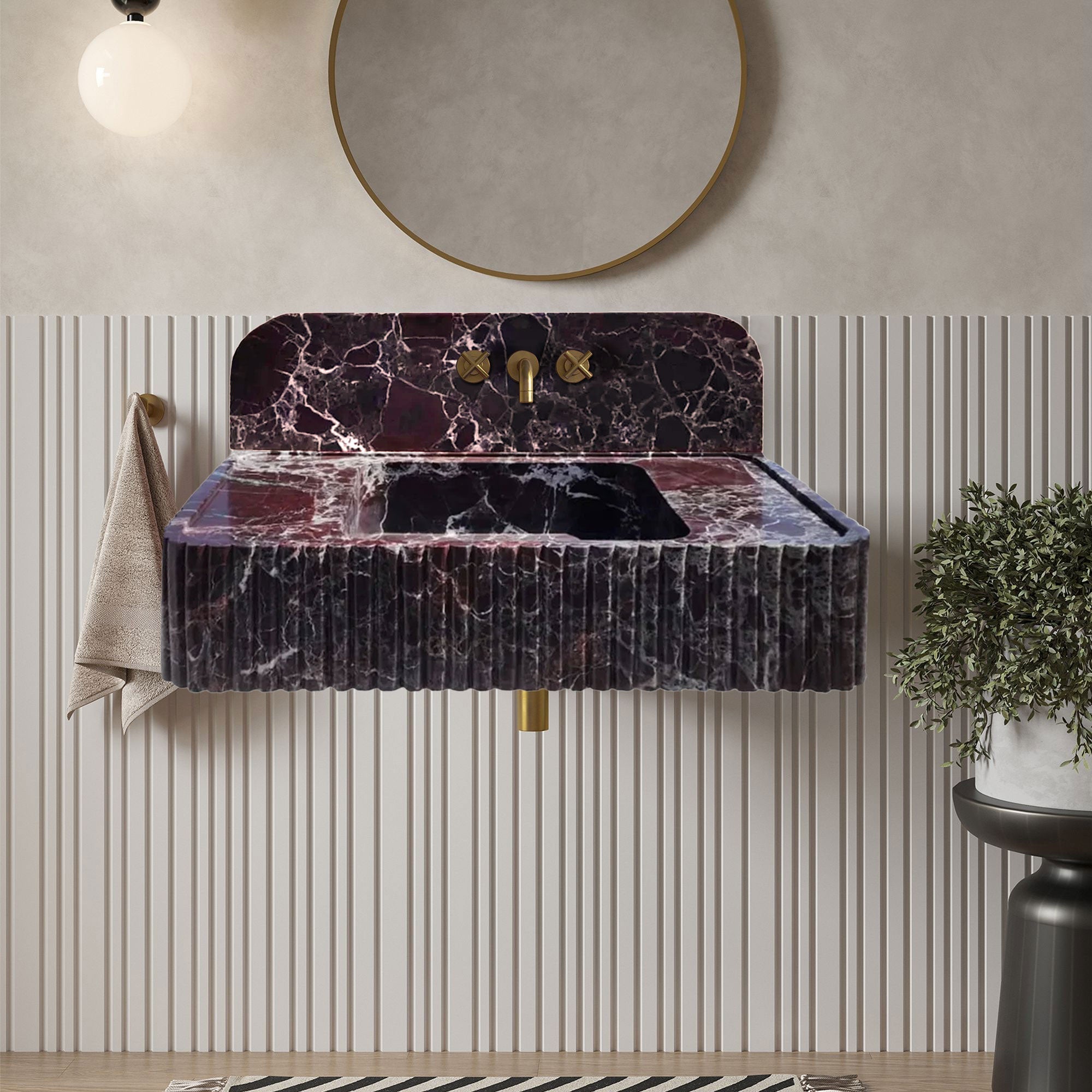 Rosso Levanto Marble Wall-mount Bathroom Sink Fluted Front with 8" Backsplash by GobekDesign
