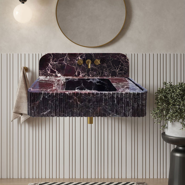 Rosso Levanto Marble Fluted Wall Mount Sink 8 Inch Backsplash