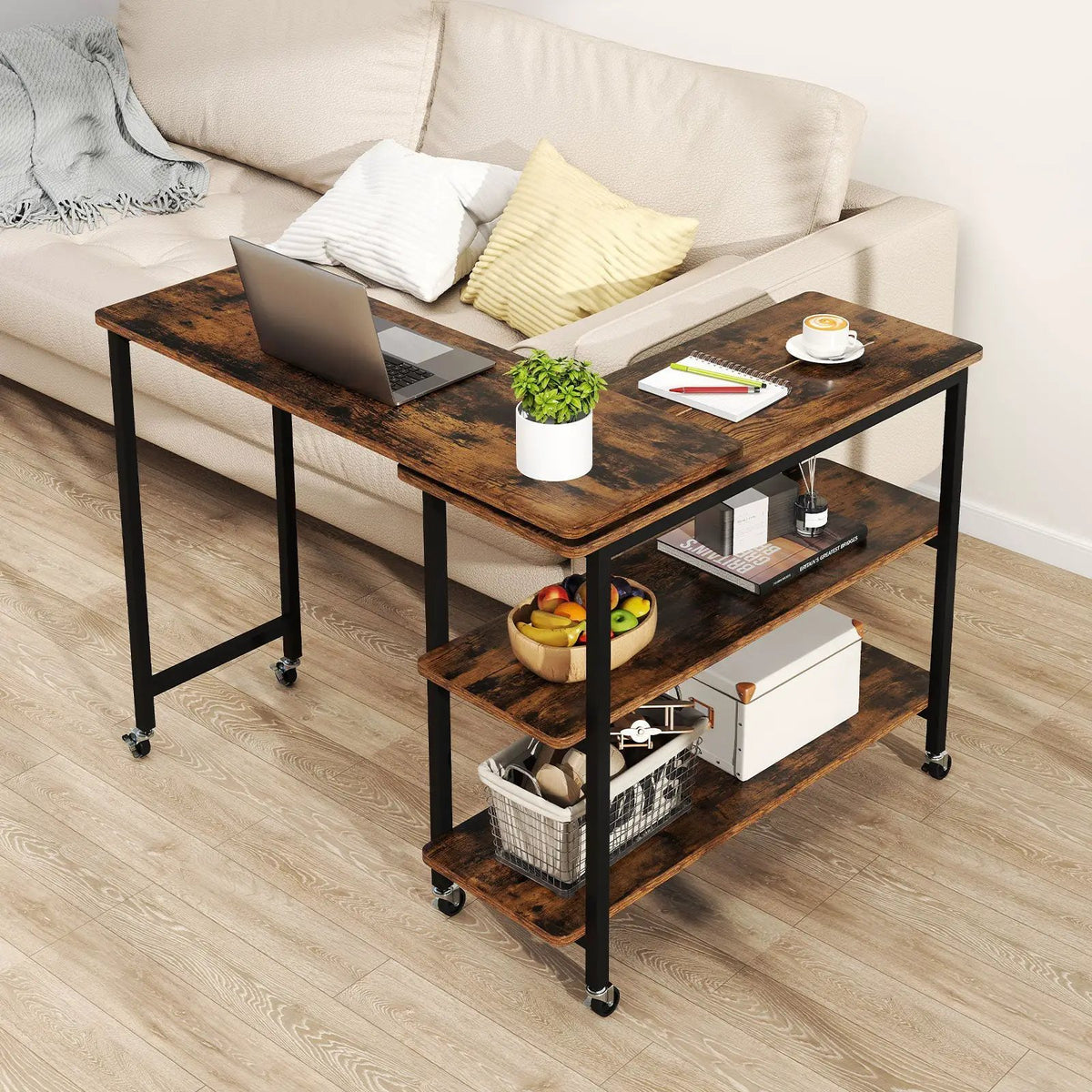 360° Rotating Sofa Side Table with Storage Shelves and Wheels, photo 2 of 11