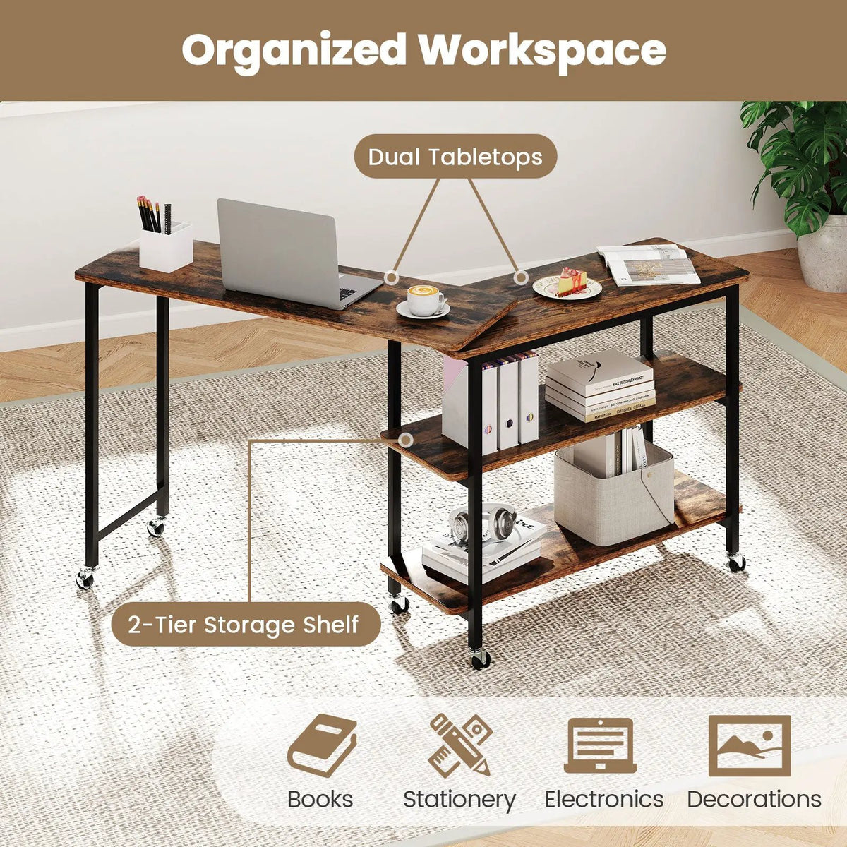 360° Rotating Sofa Side Table with Storage Shelves and Wheels, photo 8 of 11