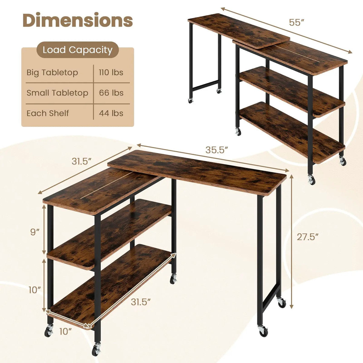360° Rotating Sofa Side Table with Storage Shelves and Wheels, photo 5 of 11
