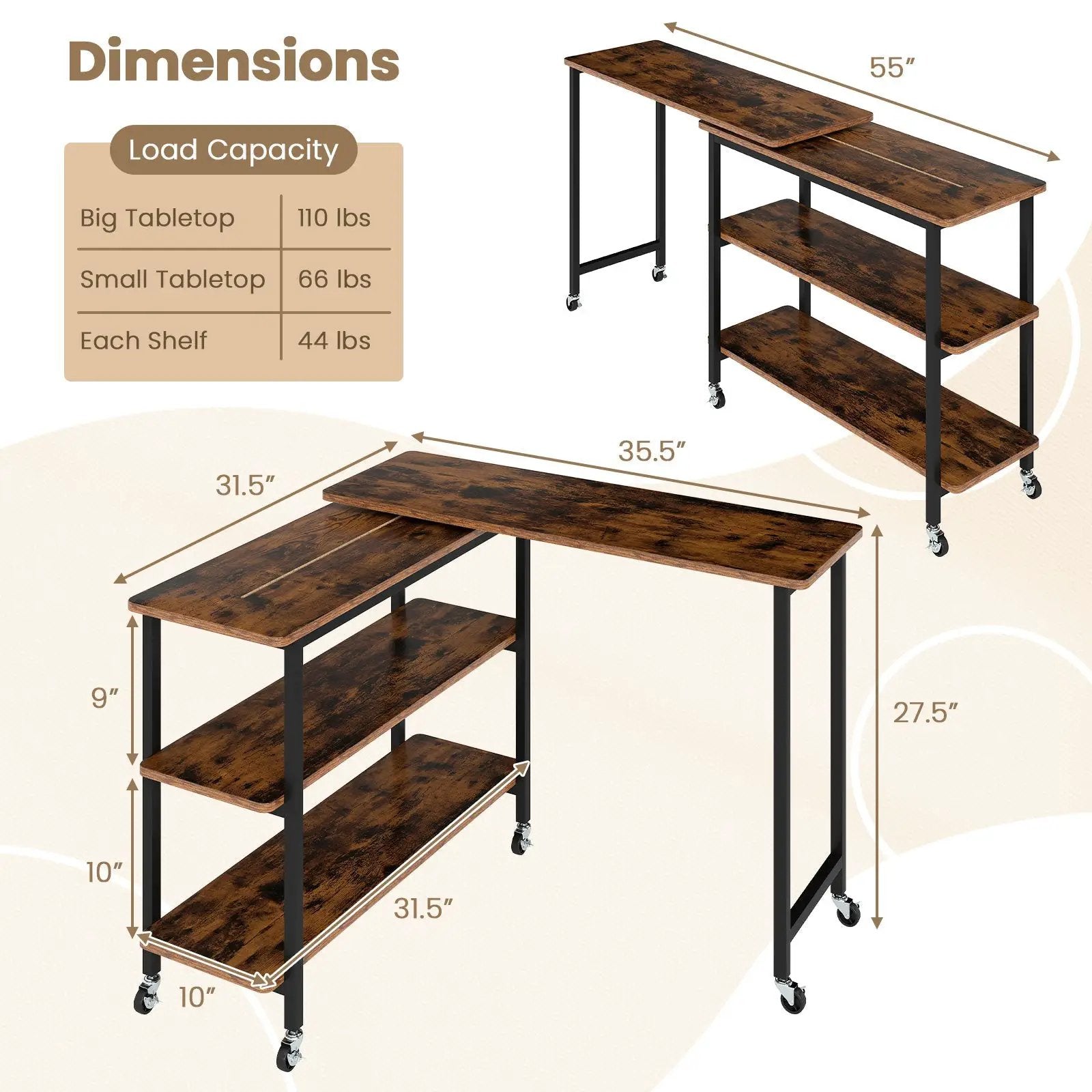 360° Rotating Sofa Side Table with Storage Shelves and Wheels by DirectDeals
