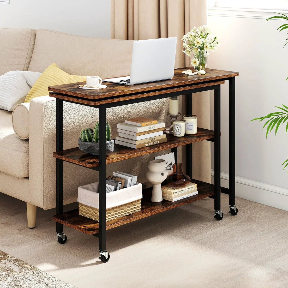 360° Rotating Sofa Side Table with Storage Shelves and Wheels, photo 6 of 11