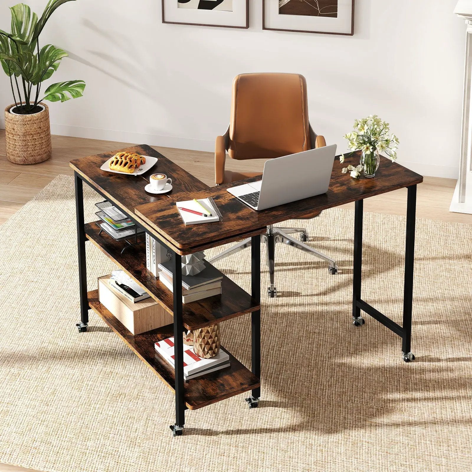 360° Rotating Sofa Side Table with Storage Shelves and Wheels by DirectDeals