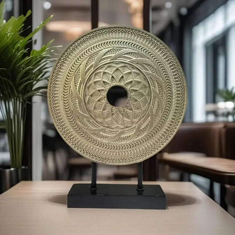 Handcrafted Round Wooden Decorative Disc Sculpture with Stand by House Of Avana