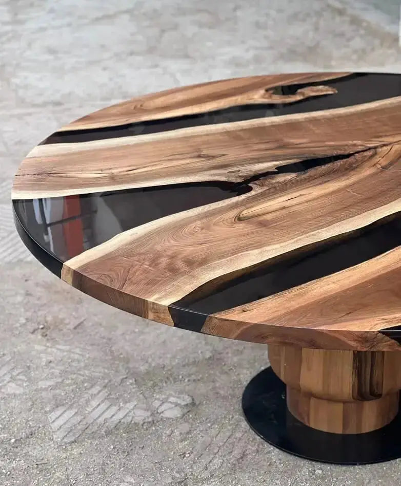 Round Epoxy Resin Table with Wooden Tulip Base Made of Walnut, photo 3 of 10