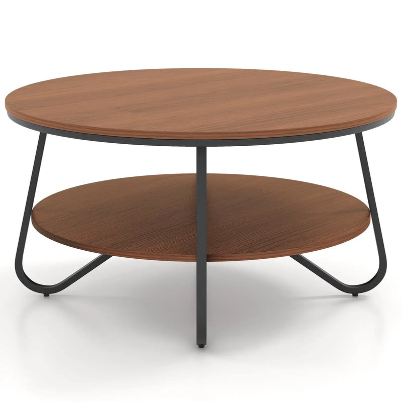 33.5 Inch Round Coffee Table with Wood Grain Finish and Heavy-duty Metal Frame-Walnut by DirectDeals