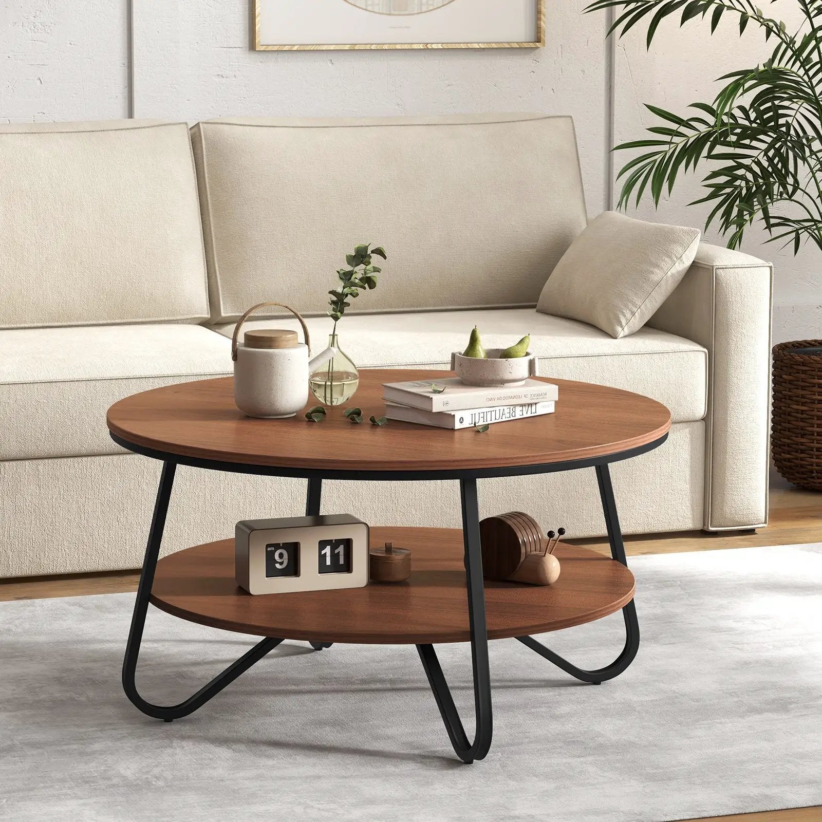 33.5 Inch Round Coffee Table with Wood Grain Finish and Heavy-duty Metal Frame-Walnut by DirectDeals