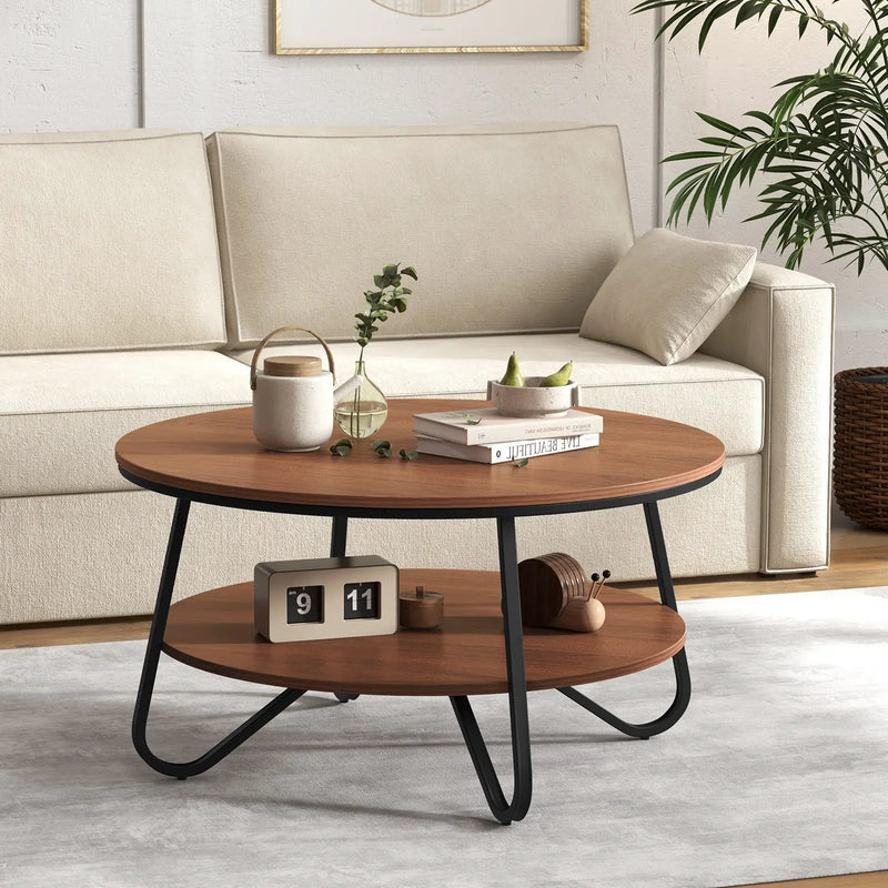 33.5 Inch Round Coffee Table with Wood Grain Finish and Heavy-duty Metal Frame-Walnut by DirectDeals