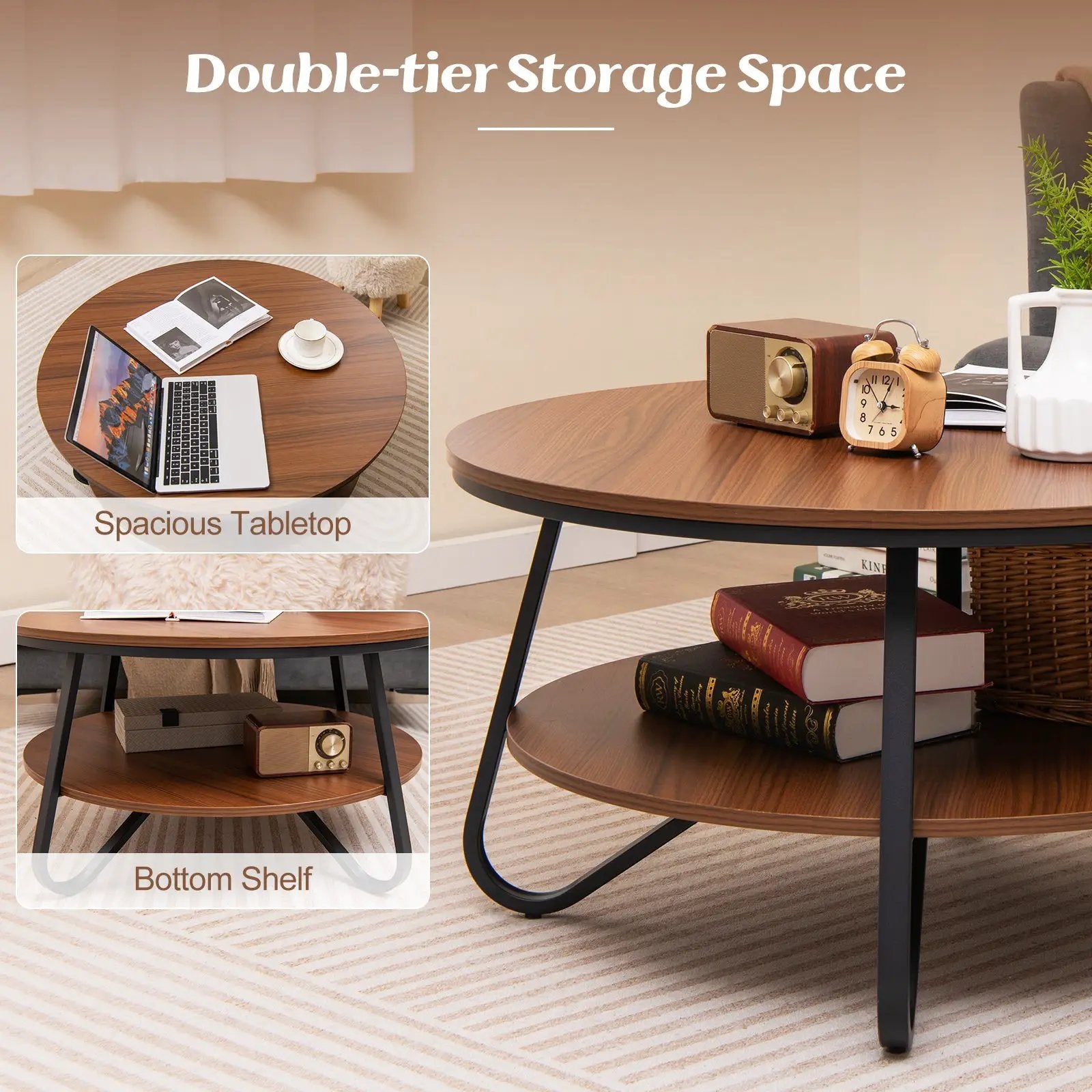 33.5 Inch Round Coffee Table with Wood Grain Finish and Heavy-duty Metal Frame-Walnut by DirectDeals