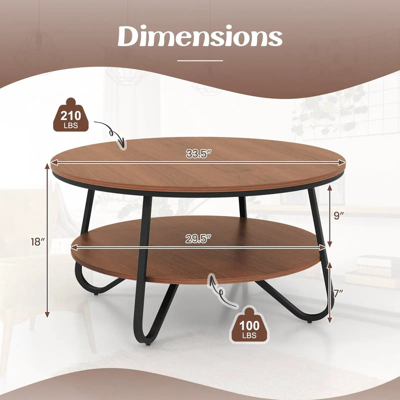 33.5 Inch Round Coffee Table with Wood Grain Finish and Heavy-duty Metal Frame-Walnut by DirectDeals