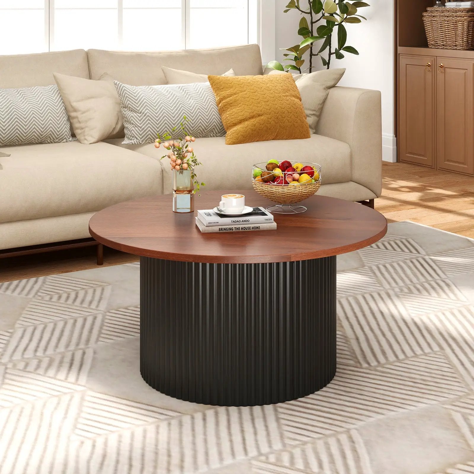 Round Coffee Table with Solid Wood Frame and Wooden Top-Walnut by DirectDeals