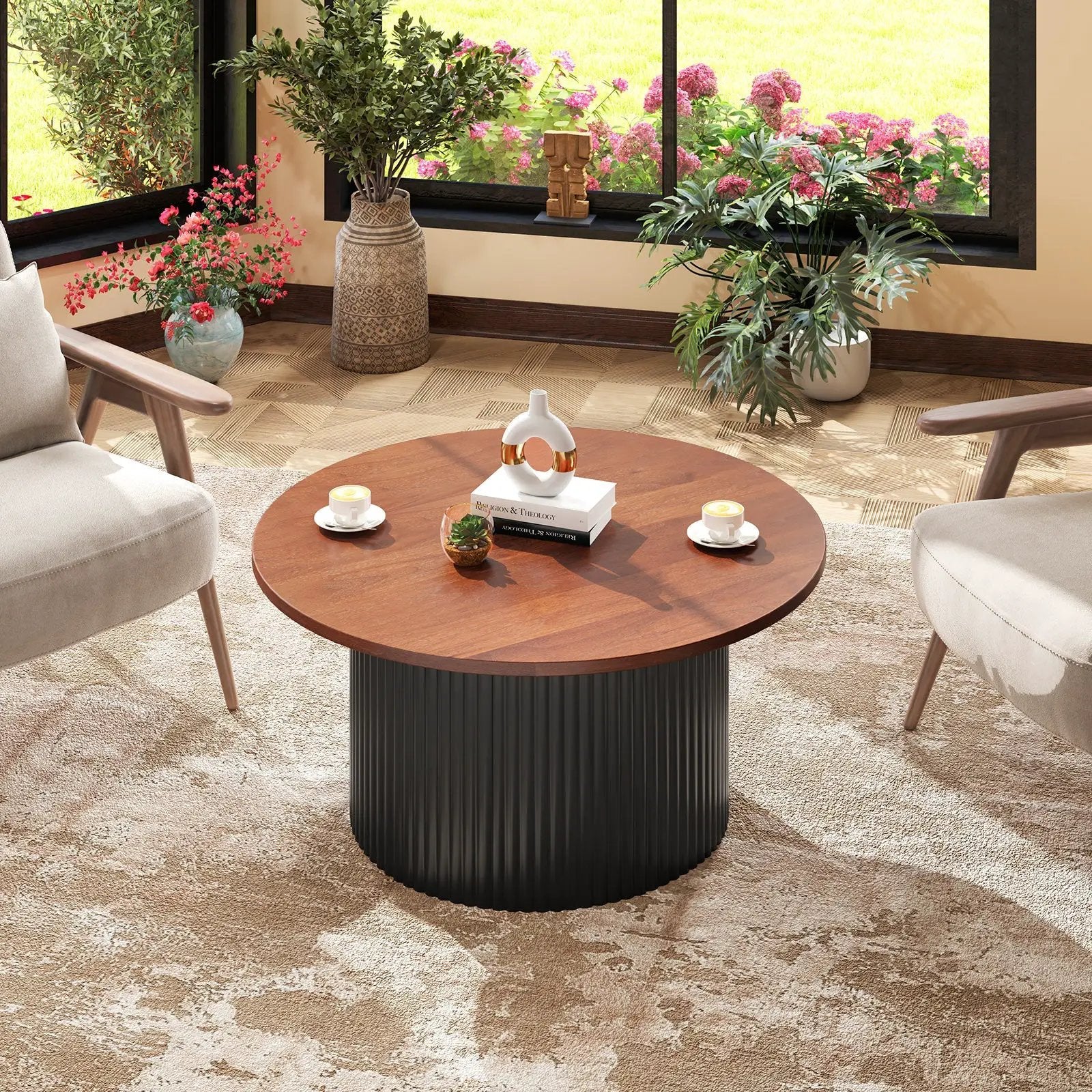 Round Coffee Table with Solid Wood Frame and Wooden Top-Walnut by DirectDeals