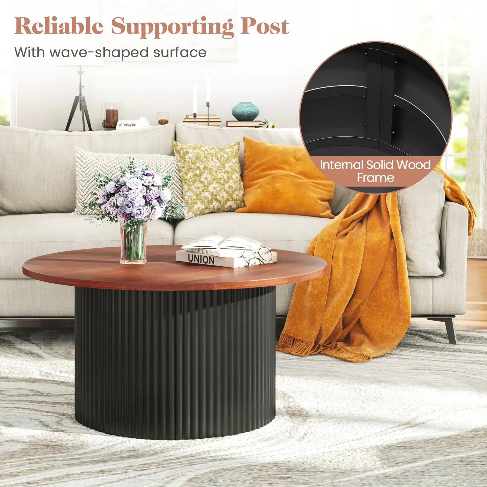 Round Coffee Table with Solid Wood Frame and Wooden Top-Walnut by DirectDeals