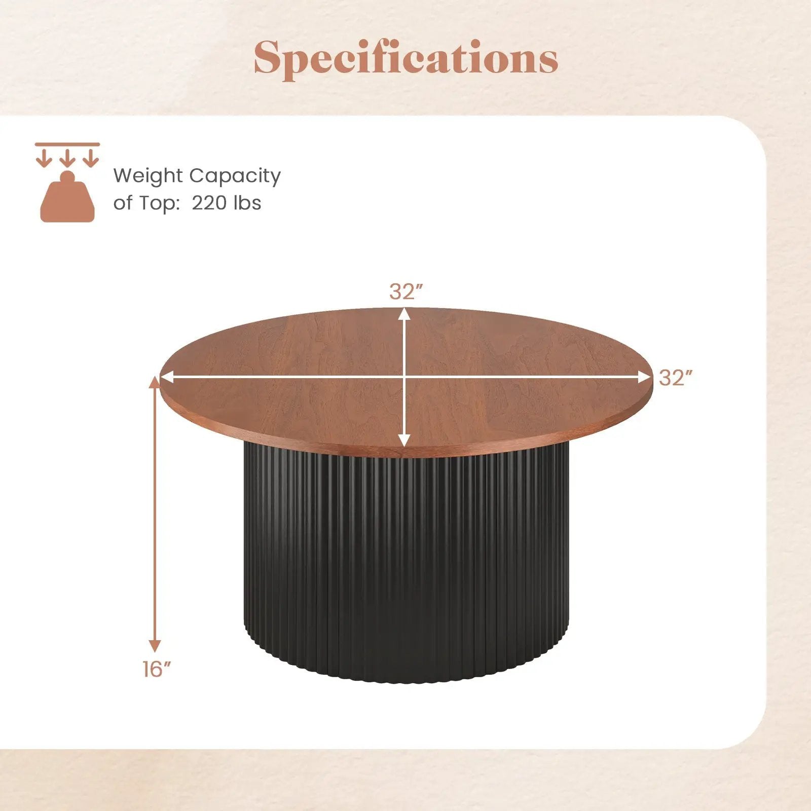 Round Coffee Table with Solid Wood Frame and Wooden Top-Walnut by DirectDeals